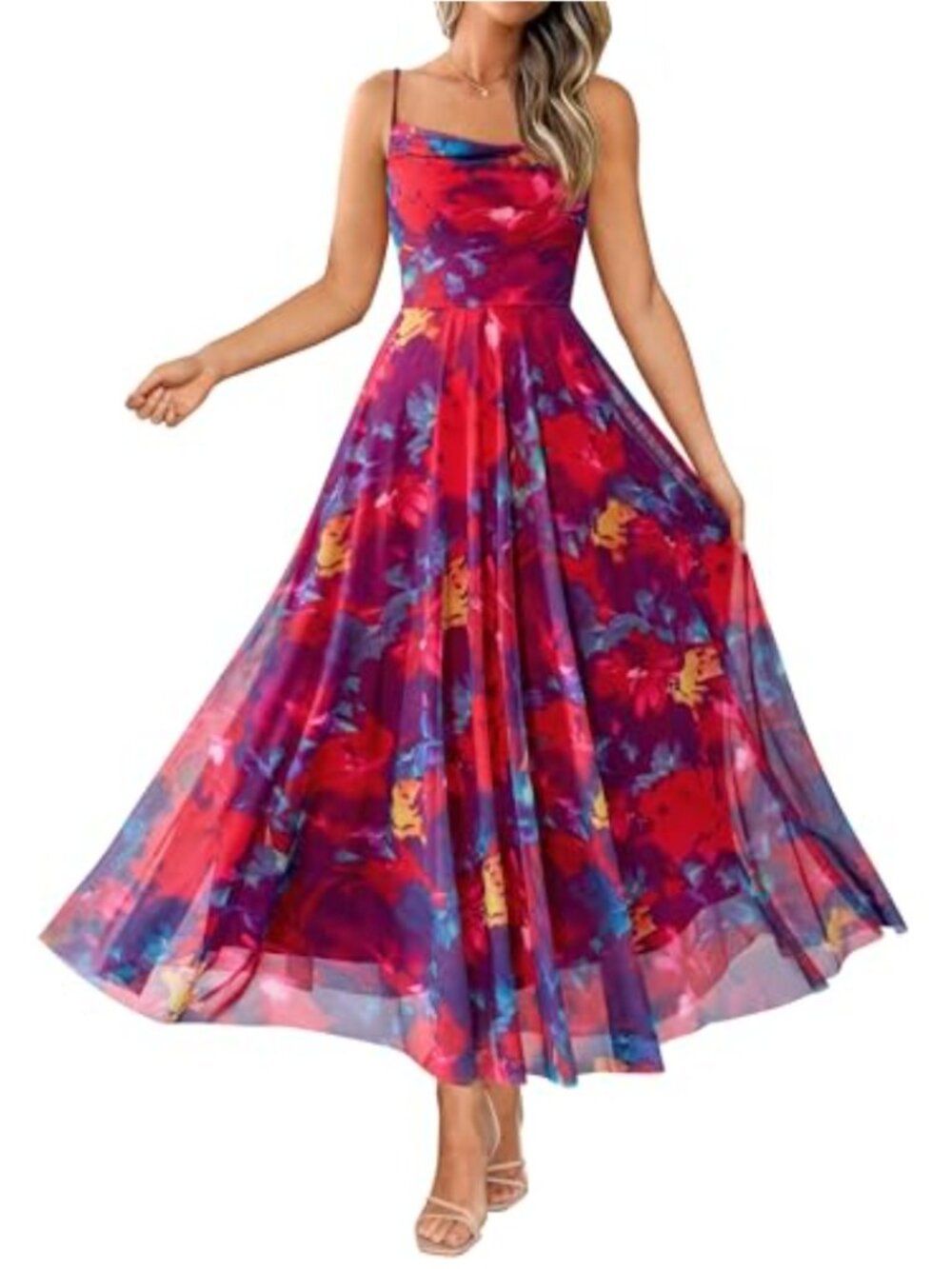 Women's Floral Maxi Dress Sleeveless Cowl Neck A-Line Elegant Wedding Guest